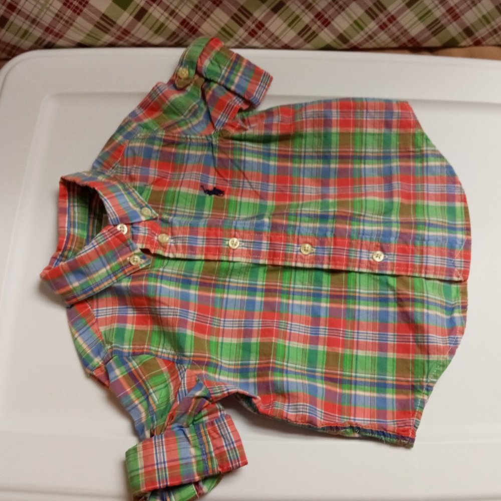RALPH LAUREN 9 Month Red & Green Plaid Checkered Button Down Infant Shirt Top